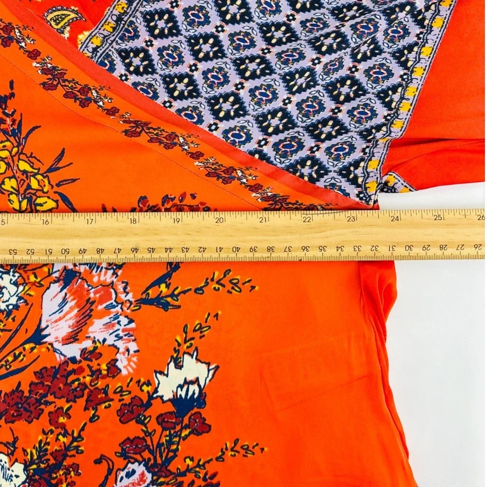 Free People Orange‎ Mixed Floral Paisley Boho Balloon Sleeve Peasant Blouse XS